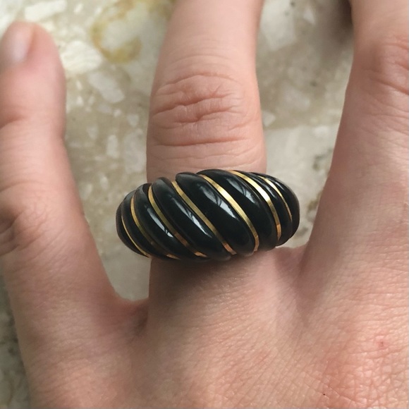 Onyx Yellow Gold Statement Vintage Bubble Dome Enamel Ring - Picture 3 of 15